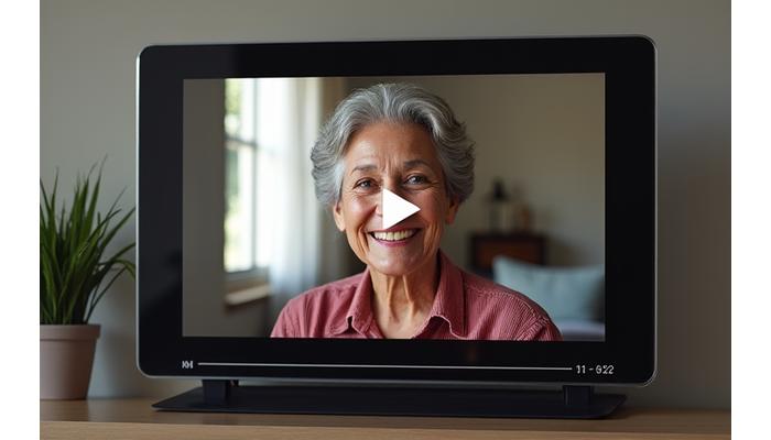 Captura de pantalla de un reproductor de vídeo con una mujer adulta sonriendo, representando un testimonio en vídeo de éxito.